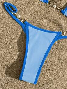 Swim Vcay Swimsuits For Woman Summer Beach Rib Binding Trim Halter Micro Triangle Bikini Blue Bikini Set Vacation Bikini Set Blue Bathing Suits - Blue - View 5