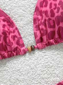 Soleia 女士豹纹撞色系带串珠装饰比基尼两件套，度假装 - 玫紅色 - 查看 5