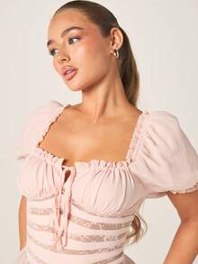 MISSGUIDED Light Pink Square Neck Puff Sleeve Lace Panel Corset Style Blouse With Tie Front Detail And Ruffle Trim For Spring Summer - Pink - View 6