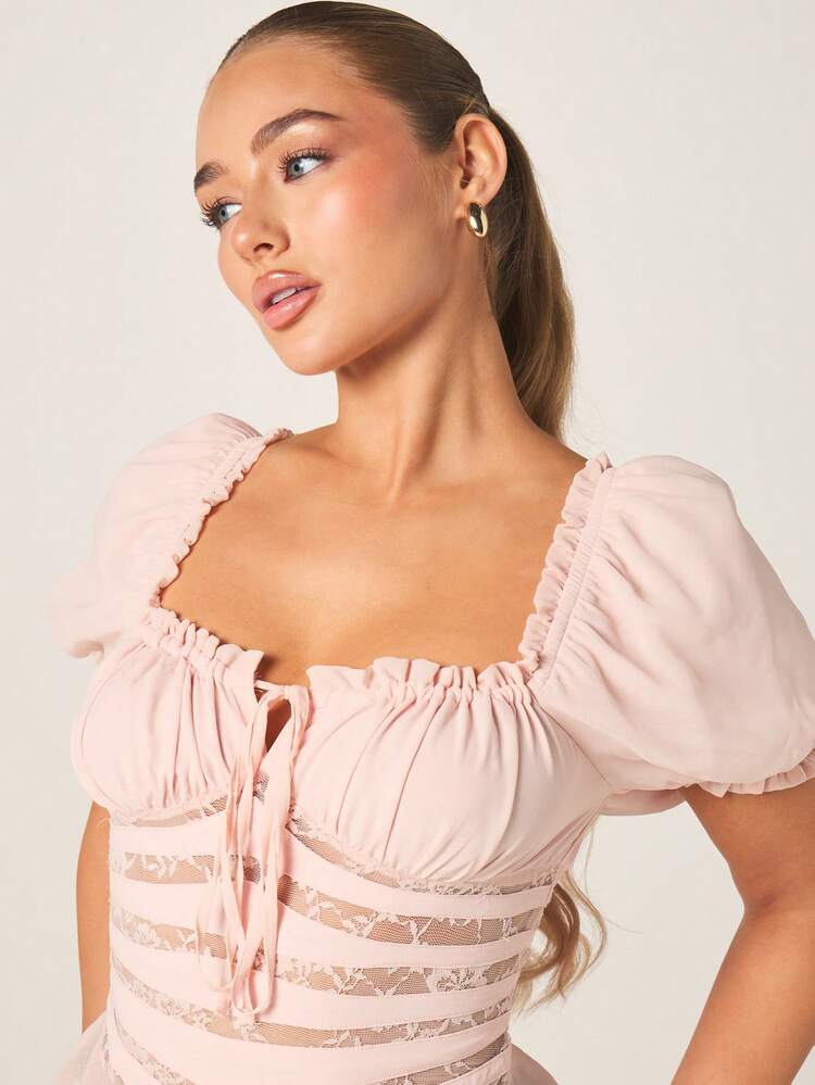 MISSGUIDED Light Pink Square Neck Puff Sleeve Lace Panel Corset Style Blouse With Tie Front Detail And Ruffle Trim For Spring Summer