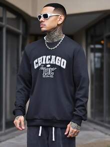 Devon Thys 男士复古美式圆领卫衣，芝加哥字母印花，休闲街头风，秋冬款，长袖上衣 - 黑色 - 查看 6