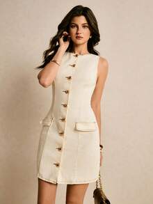 Poéselle Đầm denim nữ dáng suông tối giản cài cúc phía trước, không tay, thích hợp cho mùa hè. - trắng - Xem 6