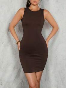 Franclia 女士时尚性感纯色露背无袖迷你连衣裙 - 棕色 - 查看 7