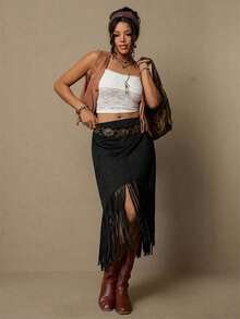 Freevana Plus Size Bohemian Suede Fringe Skirt, Casual Holiday Style - Black - View 7