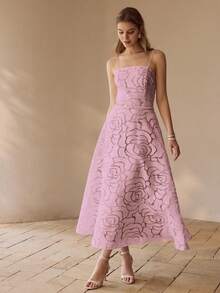 MOTF PREMIUM 法式优雅连衣裙，吊带玫瑰花卉A字型女士正式礼服 - 粉色 - 查看 4