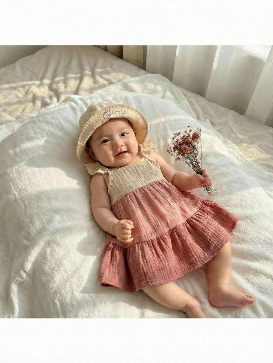Loomiva Newborn Baby Girl Contrast Color Round Neck Ruffle Waist Dress, Versatile & Comfortable,Kids - Multicolor - View 1