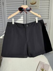 SHEIN EZwear Short décontracté unicolore avec poches, adapté pour le printemps et l'été, grande taille - Noir - Voir 1
