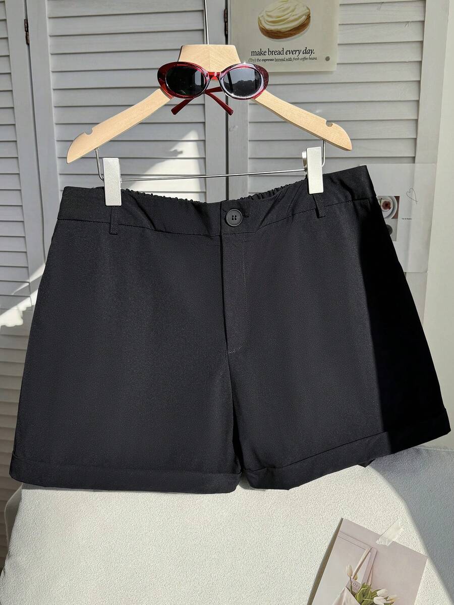 SHEIN EZwear Short décontracté unicolore avec poches, adapté pour le printemps et l'été, grande taille - Noir - Voir 1