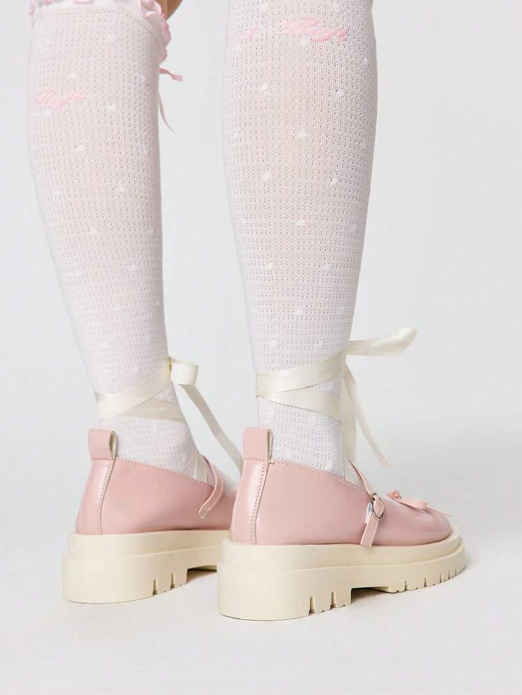 ROMWE Kawaii Women's Fashionable Sweet Bow Decor Lace-Up Flats Valentine's Day - Pink - View 5
