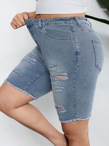 SHEIN CURVE+ 大码做旧毛边斜插口袋修身牛仔短裤 - 中等水洗藍 - 查看 8