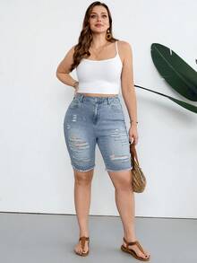 SHEIN CURVE+ 大码做旧毛边斜插口袋修身牛仔短裤 - 中等水洗藍 - 查看 3