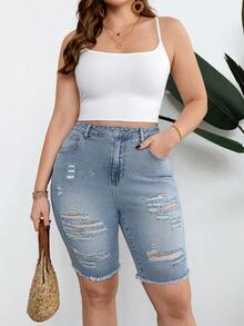 SHEIN CURVE+ 大码做旧毛边斜插口袋修身牛仔短裤 - 中等水洗藍 - 查看 6