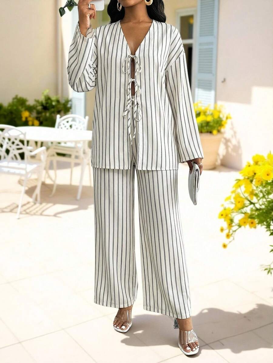 SHEIN Lady 2pcs Women Striped Print Long Sleeve Top And Pants Set - Khaki - View 1