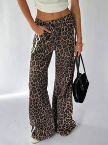 TRNVIE 时尚休闲织带豹纹低腰直筒牛仔裤 - 棕色 - 查看 1