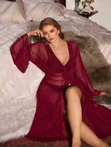 Slumberist Plus Size Sexy Lace Trim Sheer Robe - Burgundy - View 5