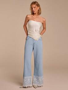 COSMINA Denim Quần jean nữ, thiết kế phối ren, có túi, màu xanh denim, phù hợp cho kỳ nghỉ hè và mặc hàng ngày, quần jean nữ thanh lịch. - Màu xanh lam - Xem 5