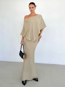 Siren Gaze Women's Elegant Minimalist Open Shoulder Top And Fish Tail Hem Skirt Set, Summer - Apricot - View 4