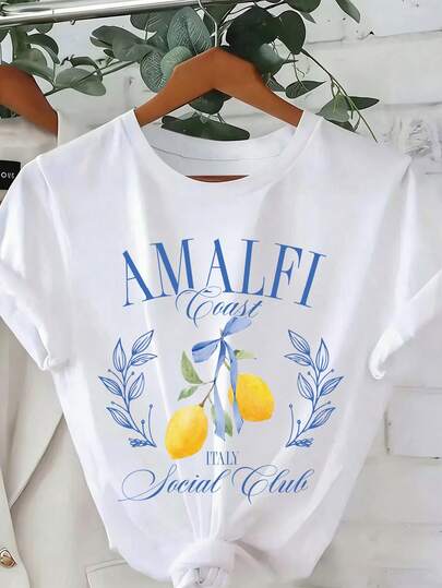 Calvaya Women's Italian Amalfi Coast White Social Club Pattern T-Shirt - Short Sleeve Round Neck Casual Top, Lemon And Leaf Design, Breathable Summer Vacation Shirt, Machine Washable, Women's T-Shirt, Elegant Casual Wear, Comfortable Fit