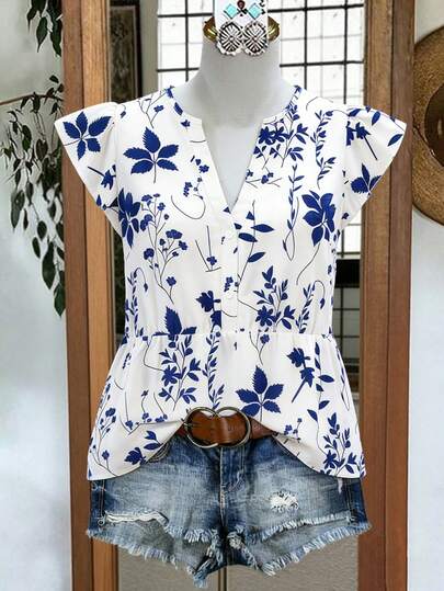 Linhara Women's Summer Floral V-Neck Ruffle Hem Blouse, Suitable For Garden Party / Commuting / Picnic Afternoon Tea