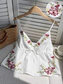 SHEIN EZwear Áo ba lỗ không tay thắt eo thêu hoa phong cách nghỉ dưỡng dành cho nữ - trắng - Xem 1