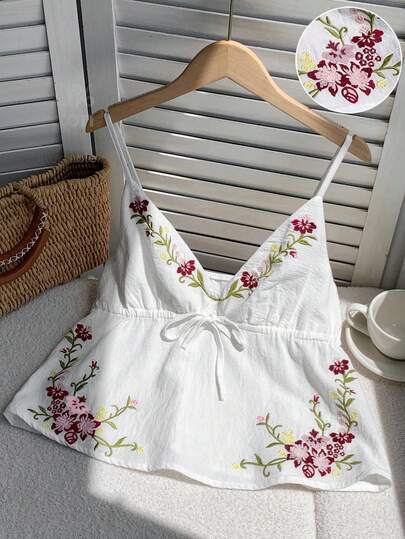 SHEIN EZwear توب كاميسول نسائي بدون أكمام مطرز بالزهور مربوط الخصر، أسلوب إقامة