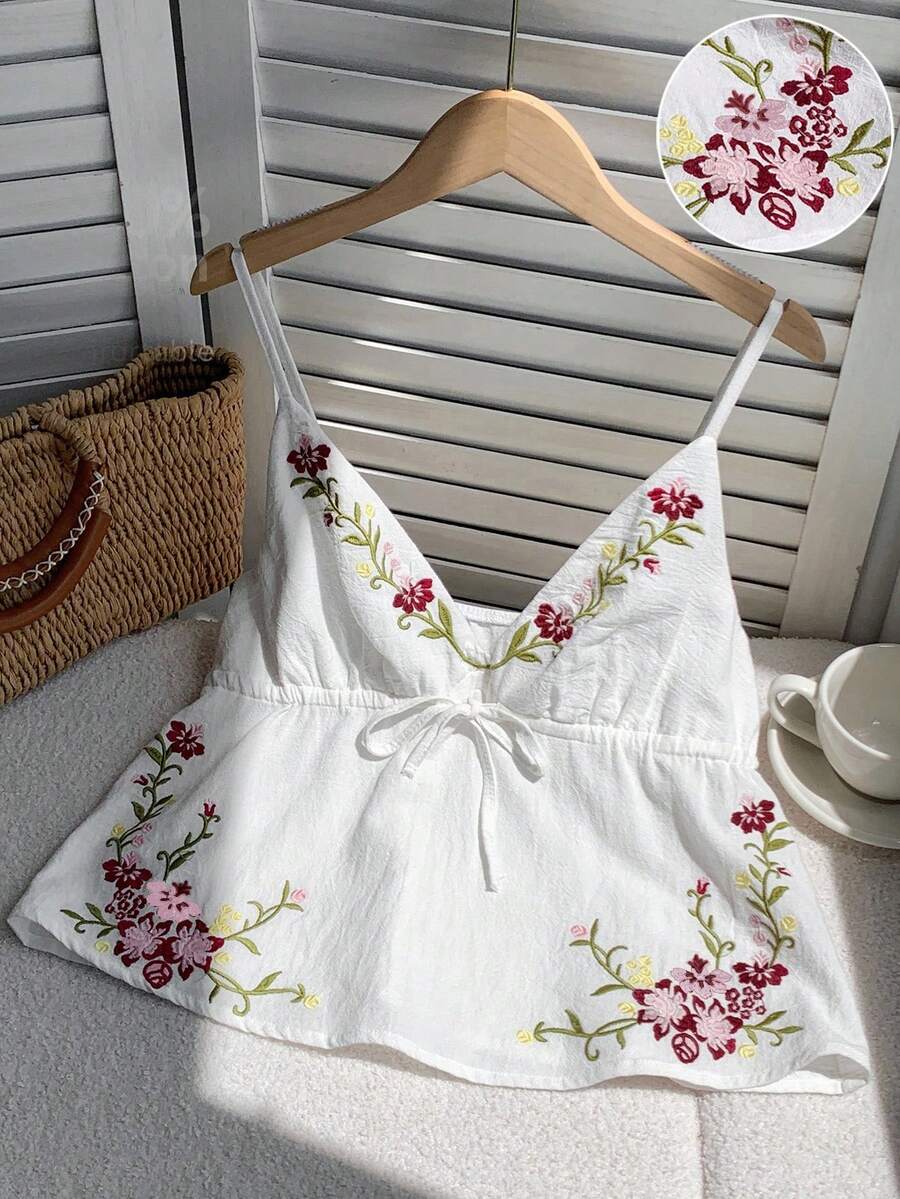 SHEIN EZwear Áo ba lỗ không tay thắt eo thêu hoa phong cách nghỉ dưỡng dành cho nữ - trắng - Xem 1