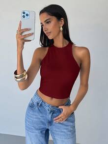 Aloruh 女士性感露背交叉吊带背心，夏季 - 酒紅色 - 查看 2