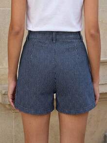 Editum Women's Casual Commuter Striped Shorts, Summer - Blue and White - View 2