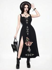 ROMWE Spring/SummergraphicblackGothic Heart, Butterfly, Star & Moon Print Double Slit Dress For Women - Black - View 1