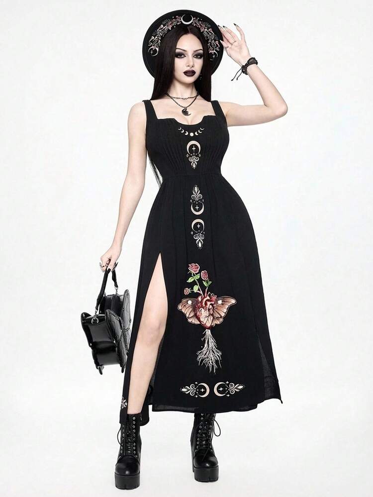 black graphic dress ROMWE Spring/Summer Gothic Heart, Butterfly, Star & Moon Print Double Slit For Women Pair with a bitchy Sexy Wedding Dress size:1X Best Black Summer Dresses Lace