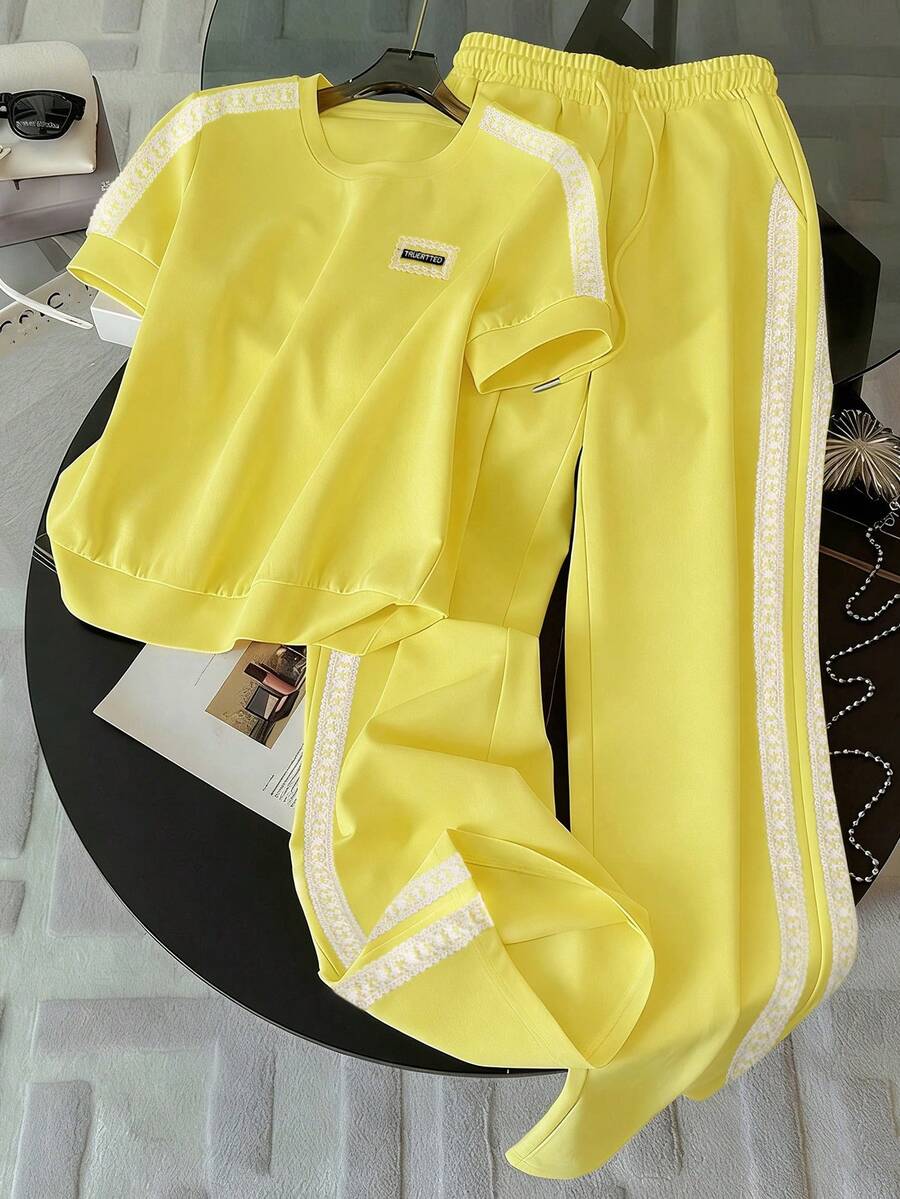 Resyla 女士休闲短袖上衣和裤子两件套，夏季 - 黃色 - 查看 1