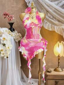 Rovax 女士性感夏季度假扎染印花两件套，配有荷叶边裙摆。这款两件套非常适合海滩度假，休闲百搭，是度假、海岛之旅、派对、日常穿着和休闲活动的理想之选。 - 彩色 - 查看 4