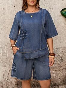 EMERY ROSE 大码女式圆领七分袖上衣和口袋短裤休闲牛仔两件套 - 藍色 - 查看 1