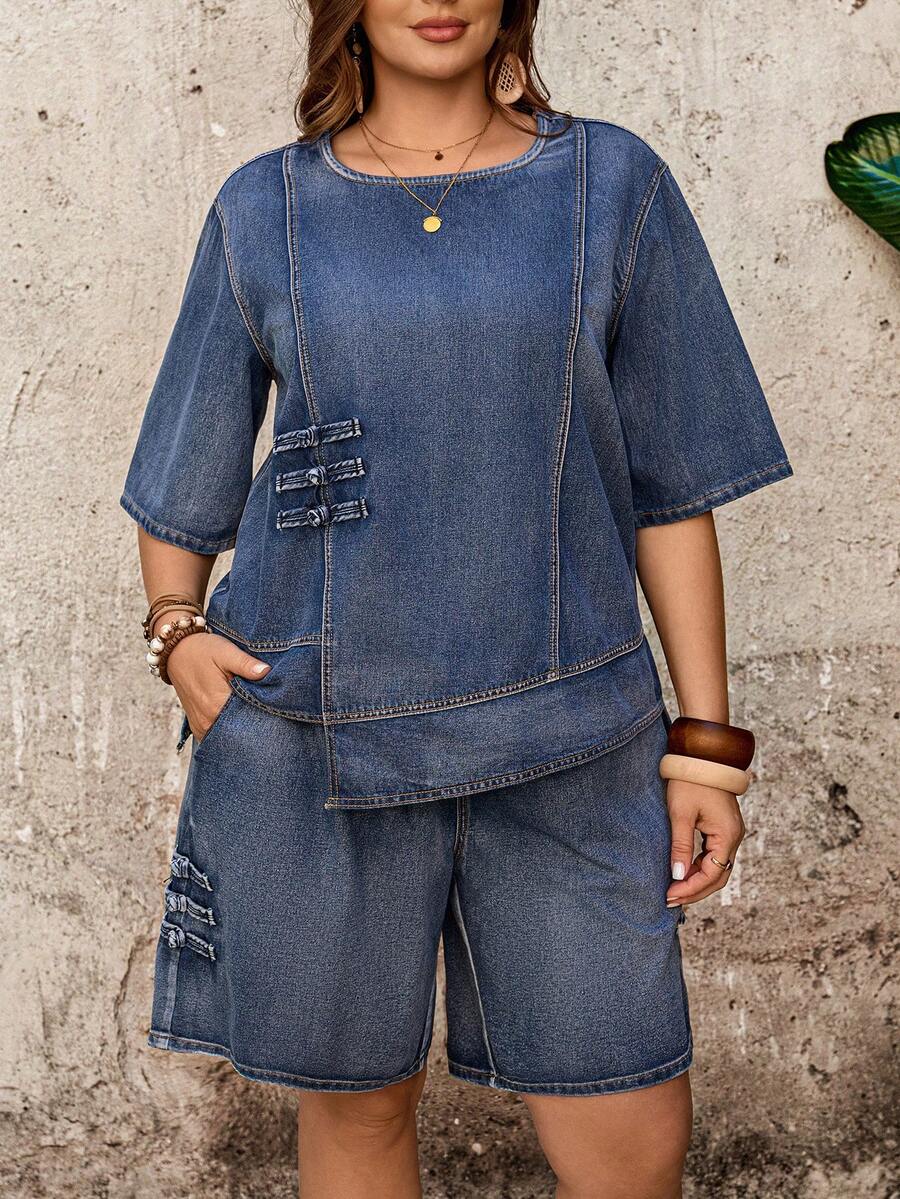 EMERY ROSE 大码女式圆领七分袖上衣和口袋短裤休闲牛仔两件套 - 藍色 - 查看 1