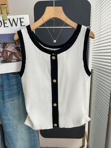 SHEIN Women's Autumn/Winter Button Design Contrast Color Casual Knitted Vest - Black and White - View 3