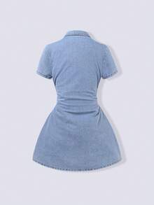 Tween Girl Collared Single-Breasted Pleated Casual Vacation Everyday Denim Dress - Light Wash - View 5