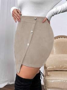 Vionelle Casual Plus Size Mini Bodycon Skirt Apricot Woven Fabric With Stylish Button Front Design - Apricot - View 4