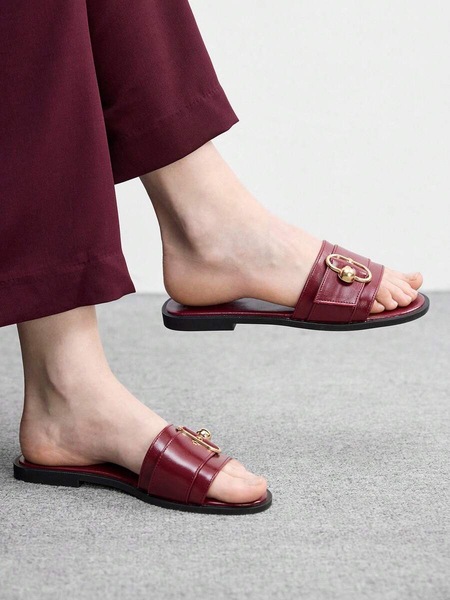 CUCCOO BIZCHIC 女士鞋履春夏新款户外平底圆头带扣装饰凉鞋,枣红色厚底防滑休闲百搭沙滩拖鞋 - 棗紅 - 查看 1