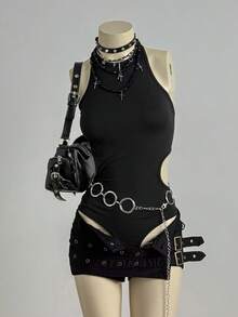 EgrlEra Y2K性感露背交叉设计连体衣（女款） - 黑色 - 查看 1