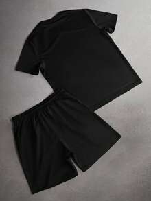Manfinity Hypemode Men's Letter Print Round Neck Short Sleeve T-Shirt And Drawstring Waist Shorts Casual Set - Black - View 2
