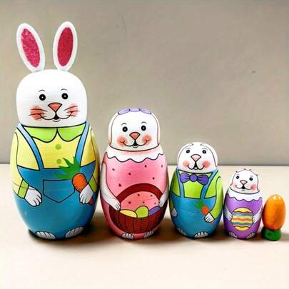 Zazumi 1 pieza, muñecas apilables de madera hechas a mano con patrones de conejo de dibujos animados coloridos, adecuadas para coleccionar, apilar, música, adornos, Pascua, San Valentín, Día de San Patricio, cumpleaños, regalos para fiestas, decoraciones del hogar y almacenamiento de artículos pequeños