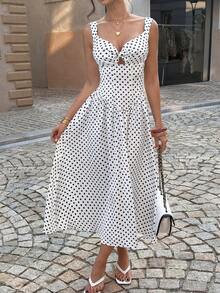 Lucivie 女士优雅浪漫复古甜心领口束腰喇叭裙摆波点无袖连衣裙 - 白色 - 查看 8