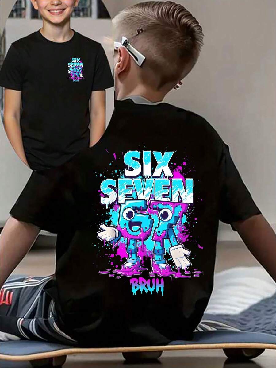 Camiseta de manga corta con cuello redondo y estampado gráfico reversible "67" de moda informal para niños preadolescentes, adecuada para salidas, top de manga corta negra "Six Seven", adecuada para el verano y todas las estaciones - Negro - Ver 1