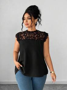 Elenzga 大码女装夏季新款圆领喇叭袖蕾丝拼接T恤，时尚百搭蕾丝上衣，优雅短袖上衣，修身蕾丝衬衫，适合日常外出、购物或与朋友聚会 - 黑色 - 查看 3