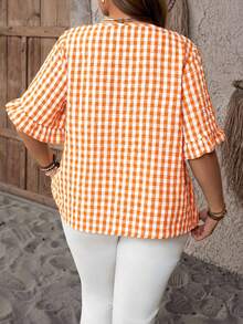 EMERY ROSE Blusa holgada de manga corta con cuello redondo, volantes y estampado a cuadros, talla grande, para verano - Naranja - Ver 2