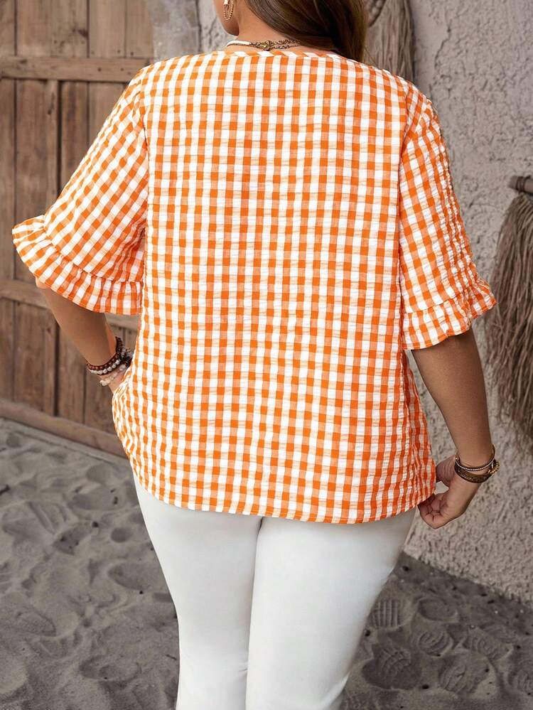 Plus Size Round Neck Raglan Short Sleeve Ruffle Plaid Loose Blouse, Summer