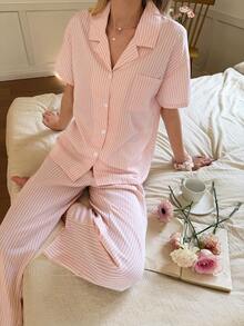 SHEIN 休闲舒适卡其色条纹印花翻领女士睡衣套装 - 卡其色 - 查看 1