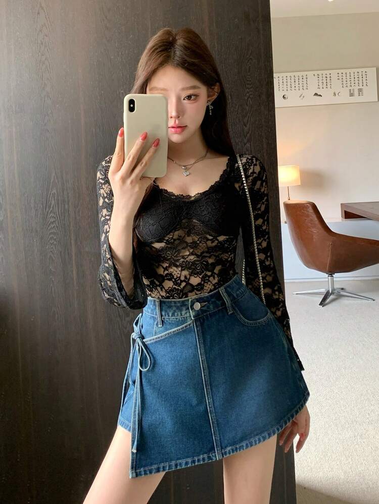 Women's Solid Color Wrap Tie Waist Fashion Summer Denim Skirt With Belt Loop