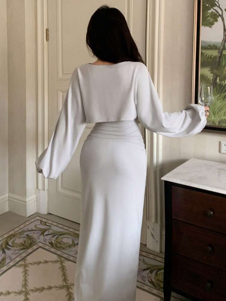 Solid Color Cropped Top & Long Camisole Dress Women Pajama Set