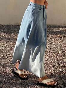 DAZY 褪色渐变西部牛仔A字长款休闲度假牛仔裙，女士，春夏款 - 藍色 - 查看 6